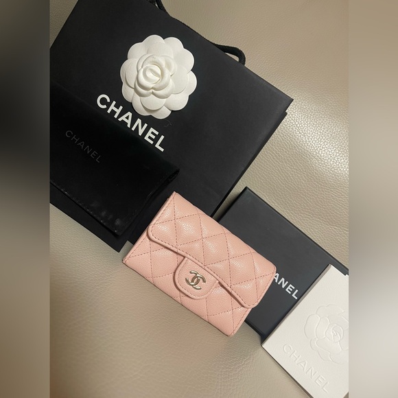 authentic chanel caviar quilted flap card holder pink rose Accessories